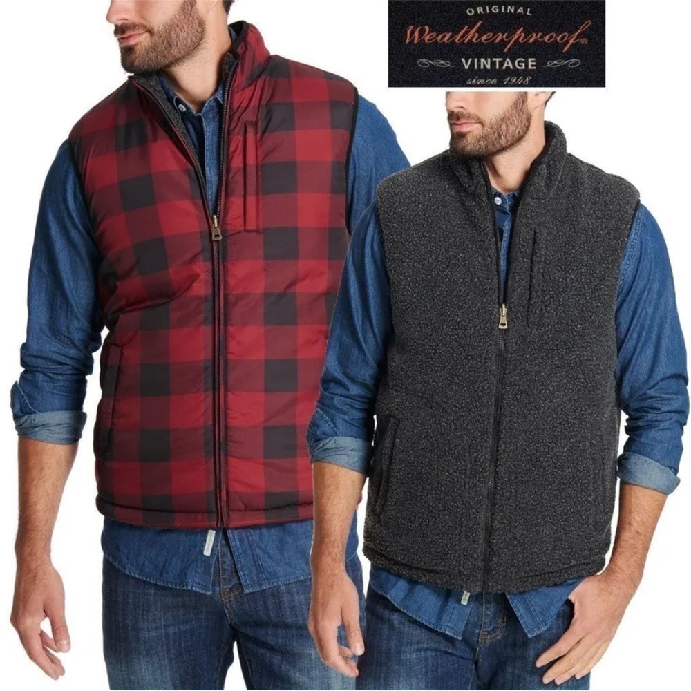 WEATHERPROOF VINTAGE REVERSIBLE FAUX FUR PLAID VEST SIZE LARGE